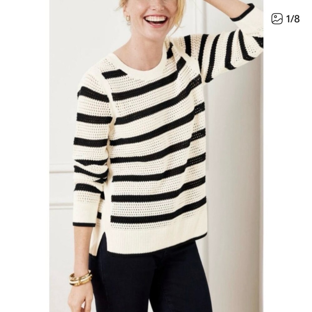 Talbots Black & Cream Open Weave Striped Crewneck Sweater